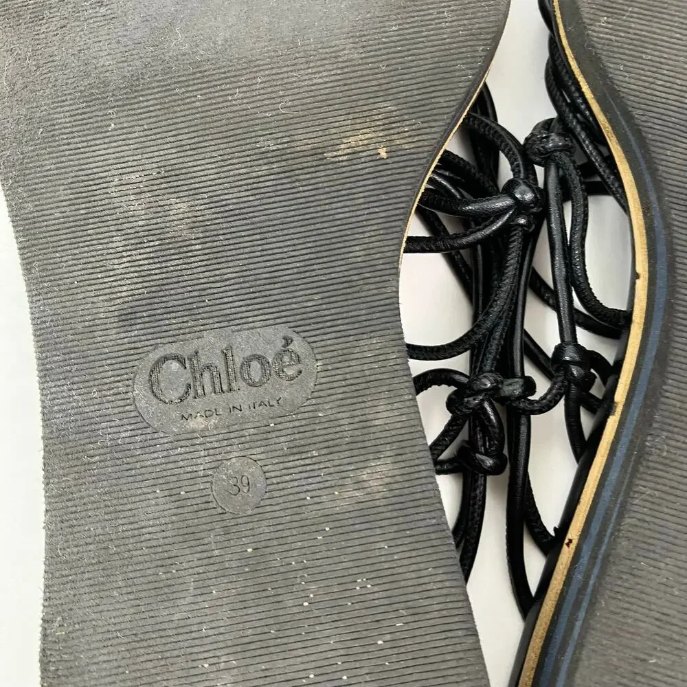 Chloé Jamie Knot Lace-up Gladiator Ankle Wrap Sandals Black Leather Platform
